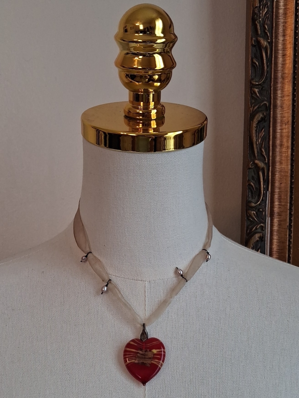 Handcrafted Red Heart Glass Pendant Ribbon Necklace Romantic Coquette Jewelry - Picture 1 of 5